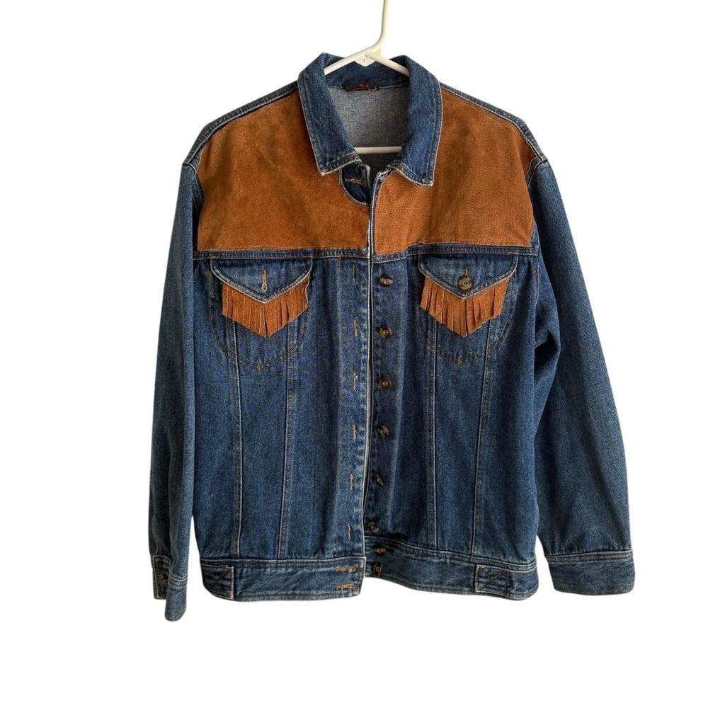 Vintage Crazy Horse Denim Jacket Brown Suede Leather Western Fringe